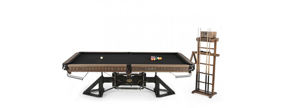 Reclaimed Wood & Metal Pool Table with Cue Rack