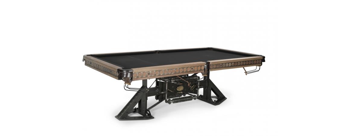 Reclaimed Wood & Metal Pool Table with Cue Rack