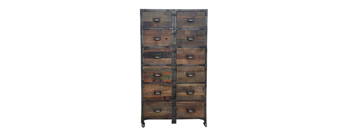 Reclaimed Wood & Metal Chest with 12 Drawers