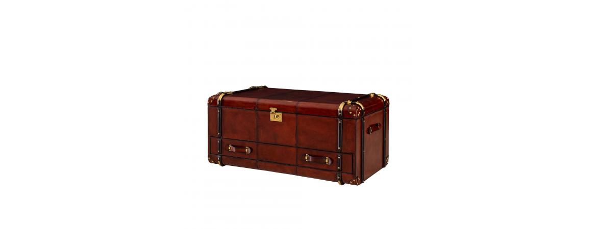 Handcrafted Leather Coffee Table Trunk With Drawer - Cognac