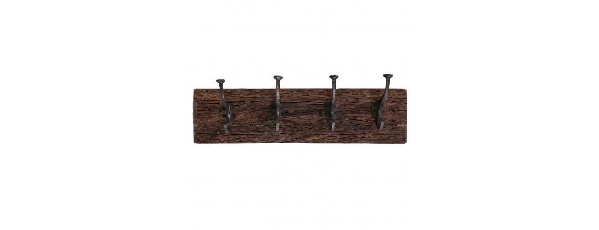 Reclaimed Wooden Coat Rack with 4 Iron Hooks