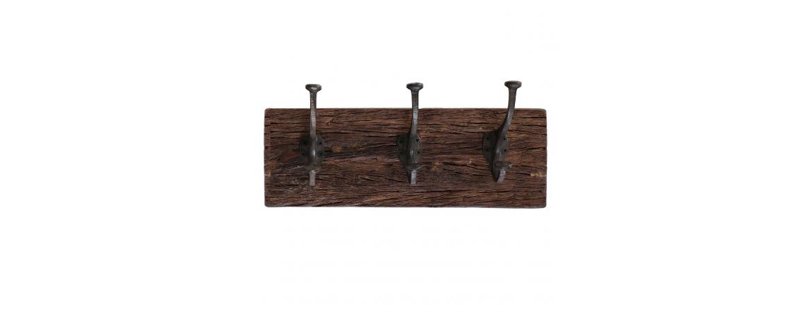 Reclaimed Wooden Coat Rack with 3 Iron Hooks