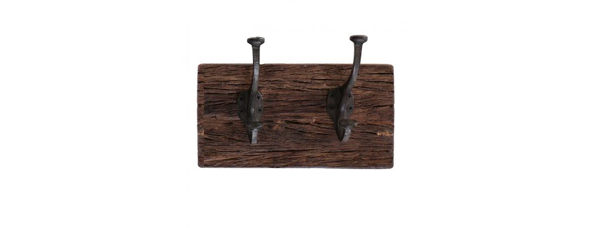 Reclaimed Wooden Coat Rack with 2 Iron Hooks