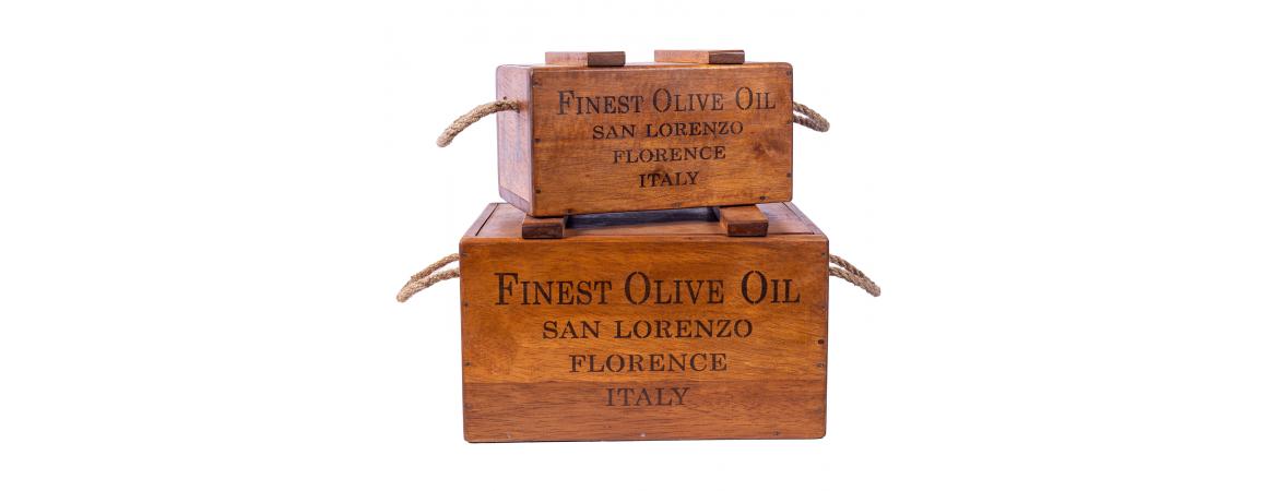 Set of 2 Rustic Vintage Wooden Lidded Chest Boxes - Olive Oil