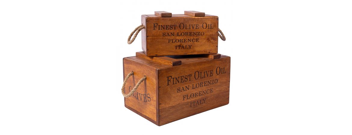 Set of 2 Rustic Vintage Wooden Lidded Chest Boxes - Olive Oil