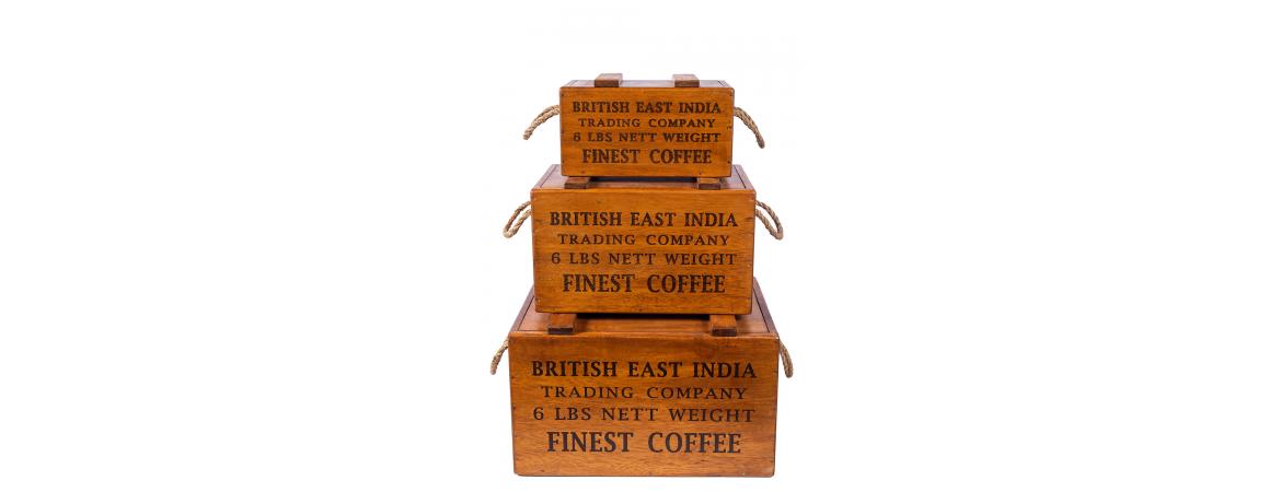 Set of 3 Rustic Vintage Wooden Lidded Chest Boxes - India Coffee