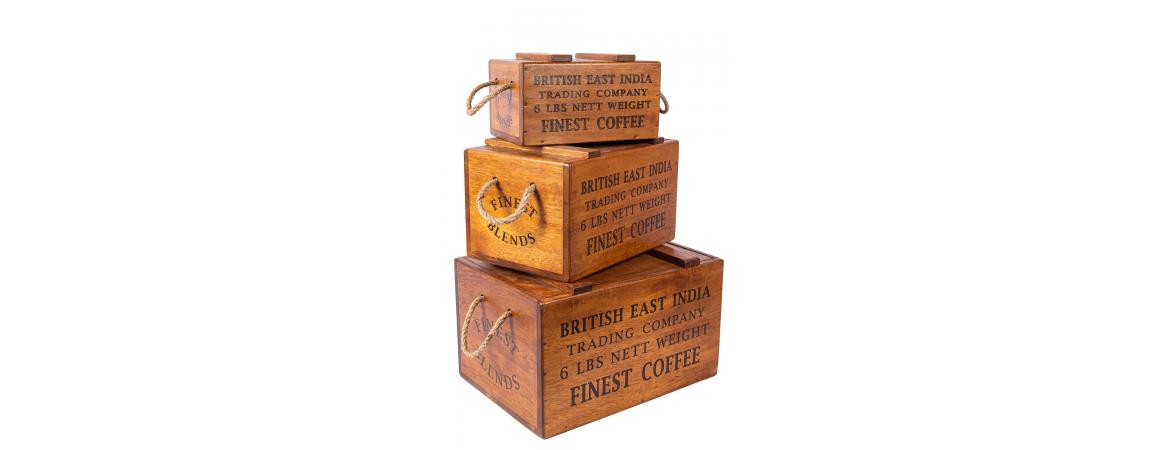 Set of 3 Rustic Vintage Wooden Lidded Chest Boxes - India Coffee