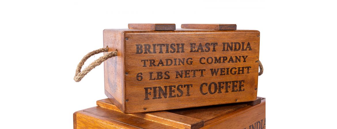 Set of 3 Rustic Vintage Wooden Lidded Chest Boxes - India Coffee