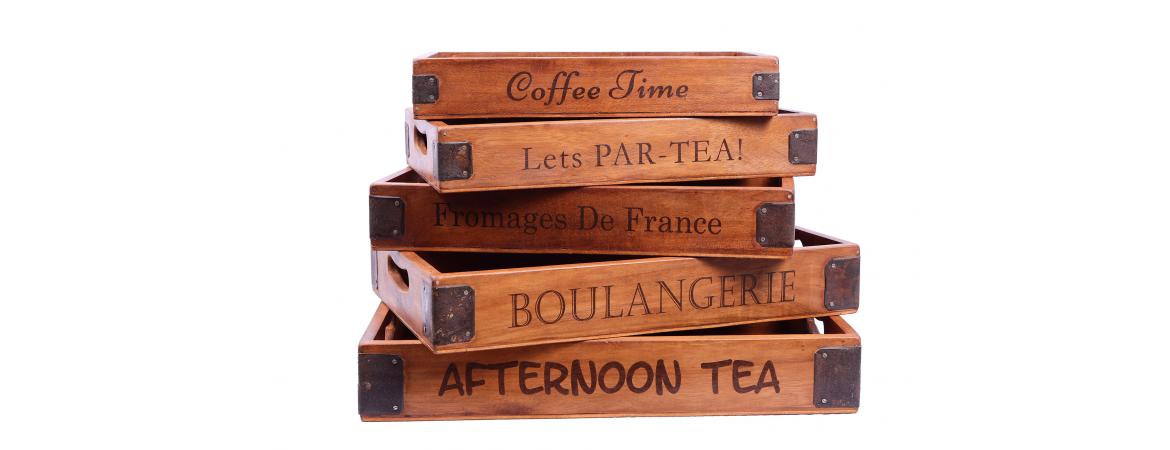 Set of 5 Vintage Wooden Serving Trays - Delicious