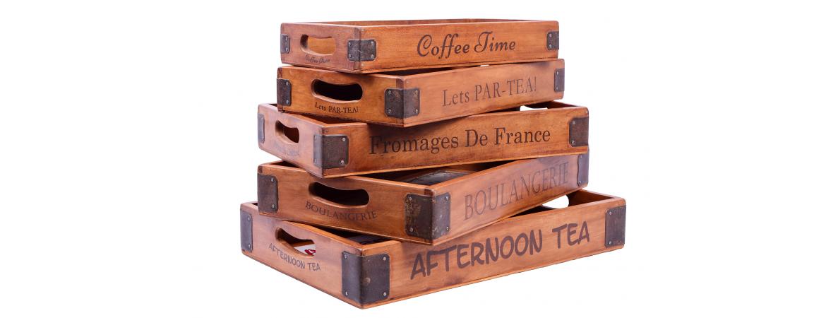 Set of 5 Vintage Wooden Serving Trays - Delicious