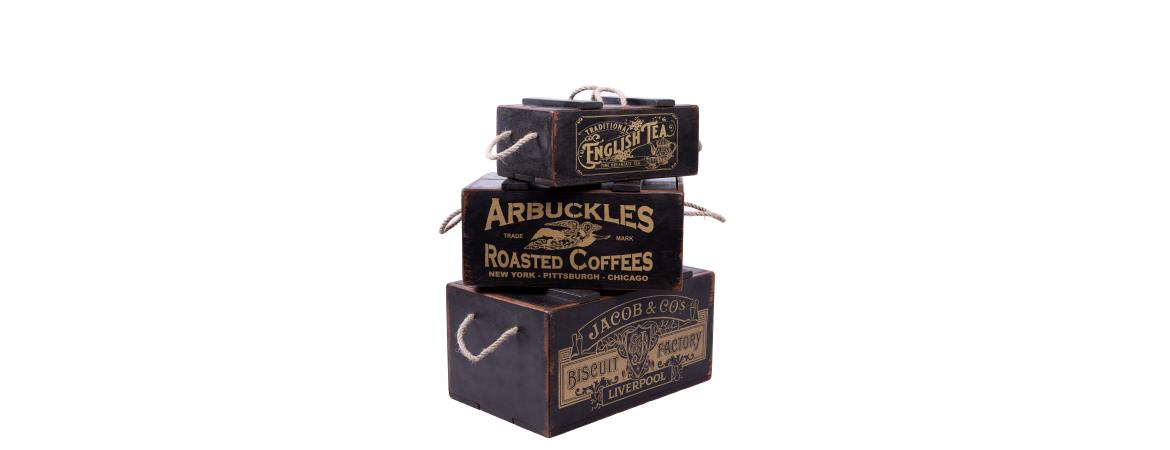 Set of 3 Vintage Black Boxes - Tea, Coffee, Biscuit