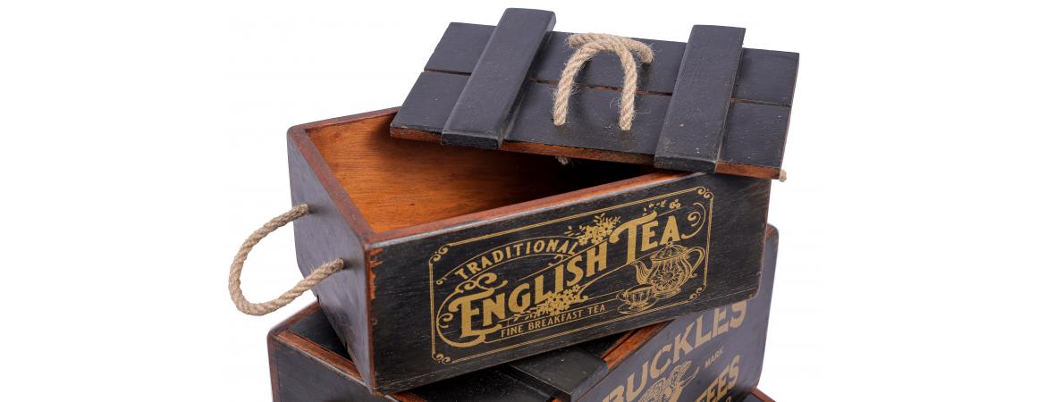 Set of 3 Vintage Black Boxes - Tea, Coffee, Biscuit