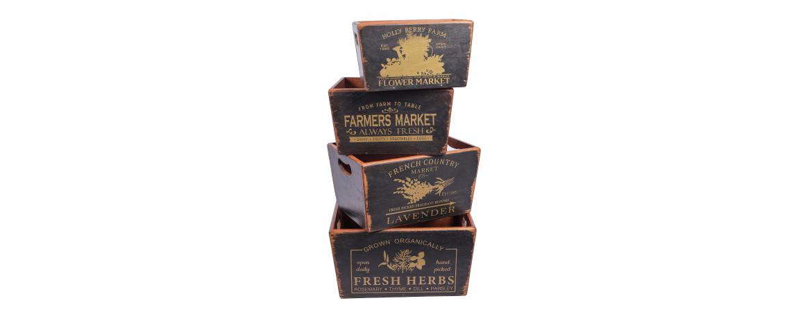 Set of 4 Vintage Black Boxes - Herbs & Flowers