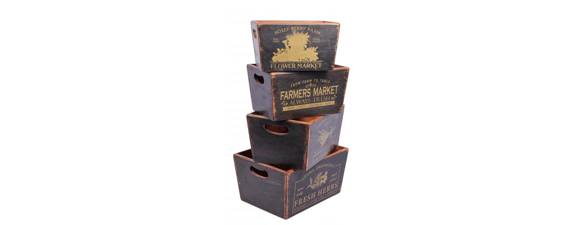 Set of 4 Vintage Black Boxes - Herbs & Flowers