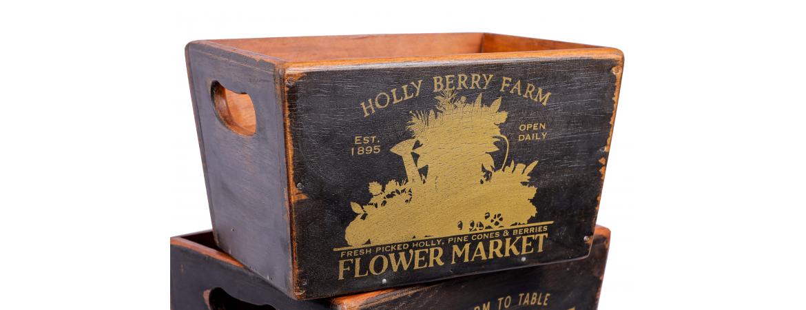 Set of 4 Vintage Black Boxes - Herbs & Flowers