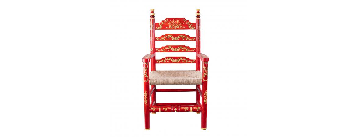 Red Floral Design Wooden Arm Chair