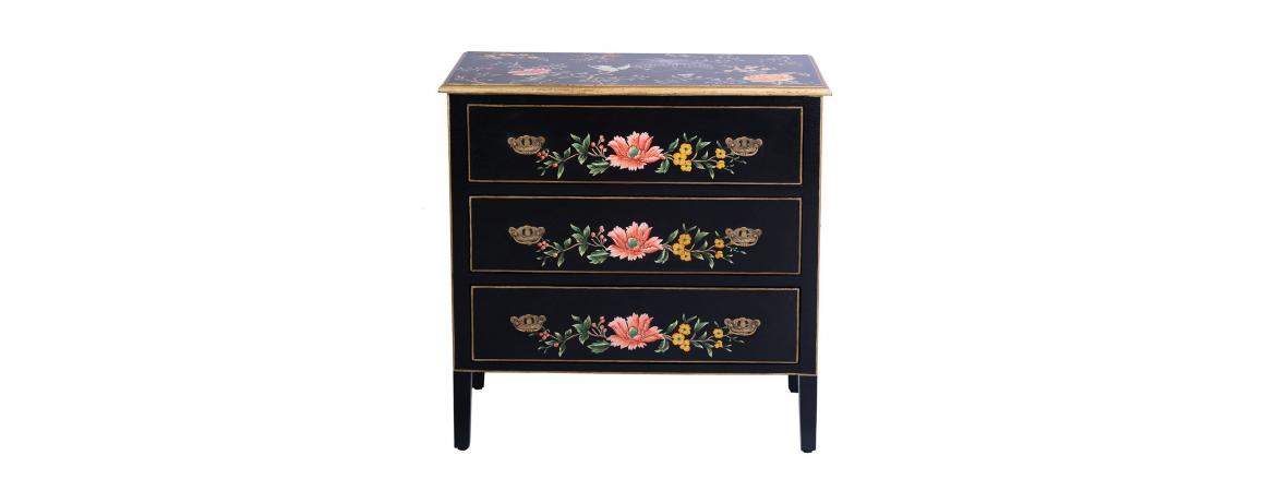 Black Lyre Bird Design 3 Drawer Chest