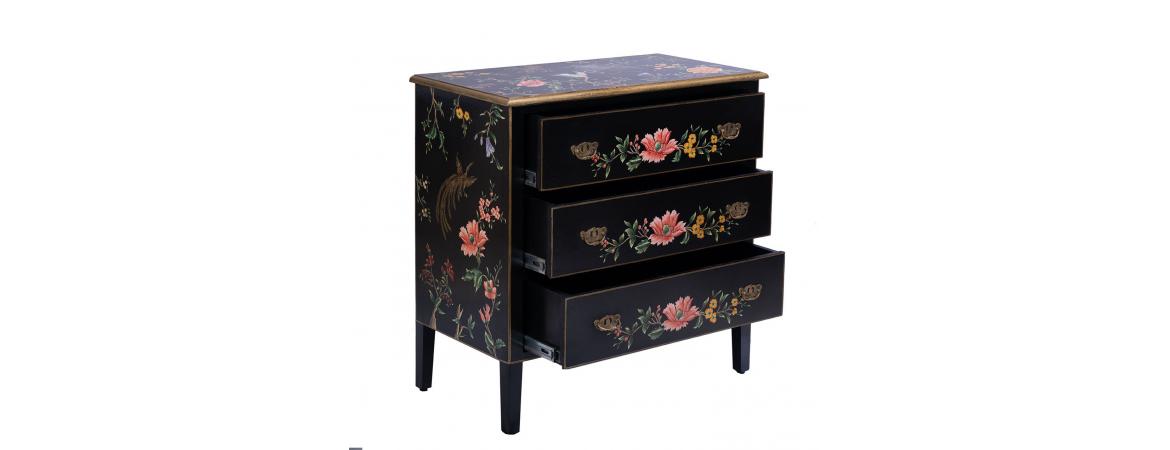 Black Lyre Bird Design 3 Drawer Chest