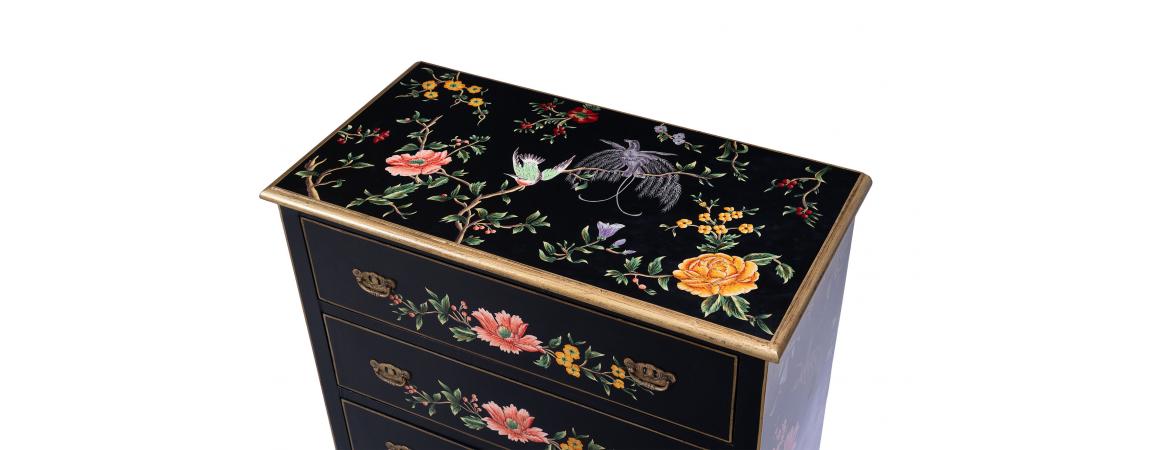 Black Lyre Bird Design 3 Drawer Chest