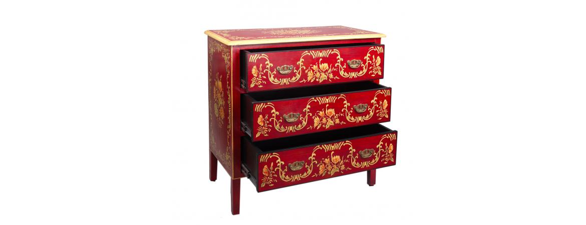 Red Floral Design 3 Drawer Chest