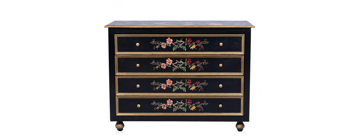 Black Lyre Bird Design 4 Drawer Chest