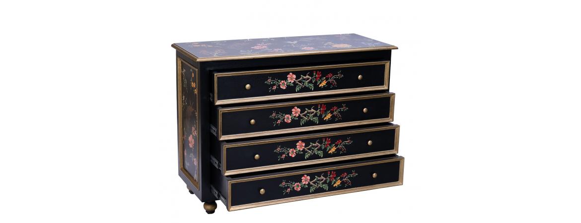 Black Lyre Bird Design 4 Drawer Chest