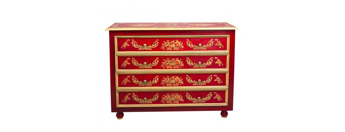 Red Floral Design 4 Drawer Chest