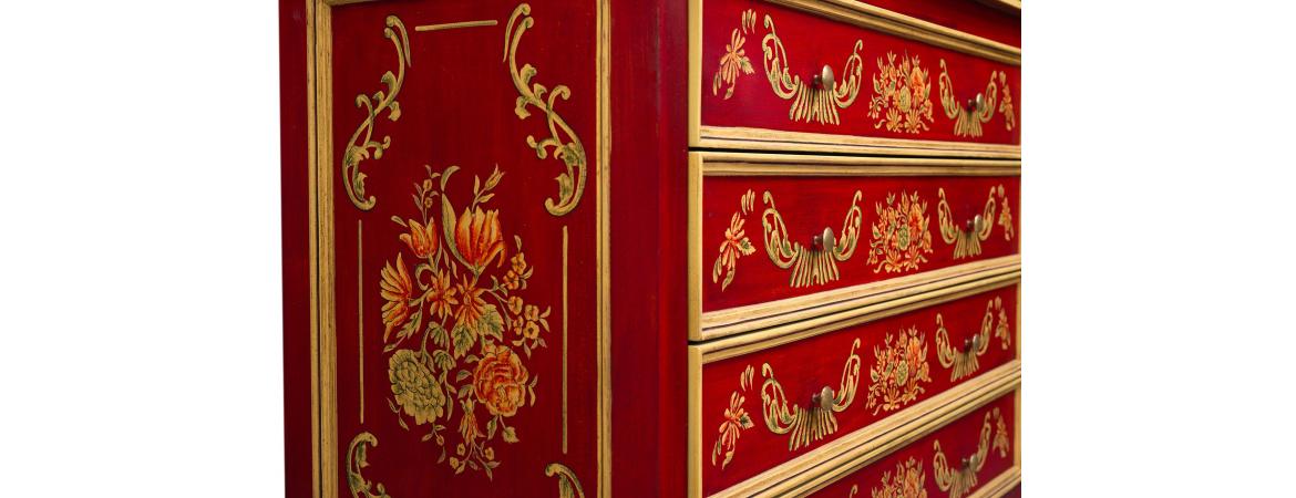 Red Floral Design 4 Drawer Chest