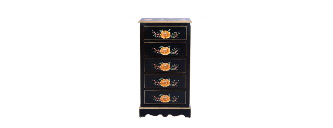 Black Lyre Bird Design 5 Drawer Cabinet