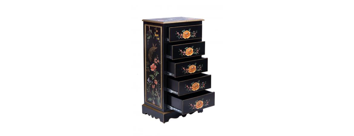 Black Lyre Bird Design 5 Drawer Cabinet