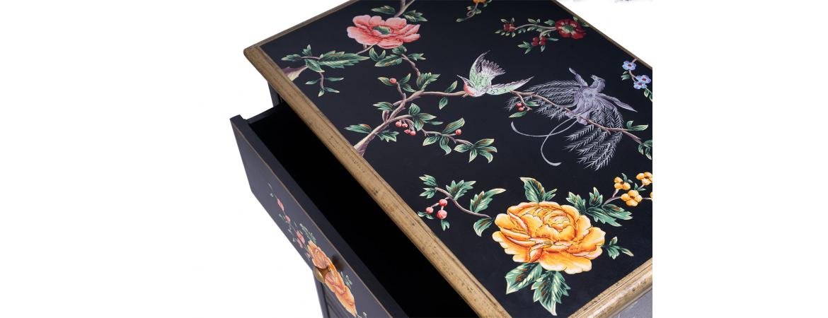 Black Lyre Bird Design 5 Drawer Cabinet