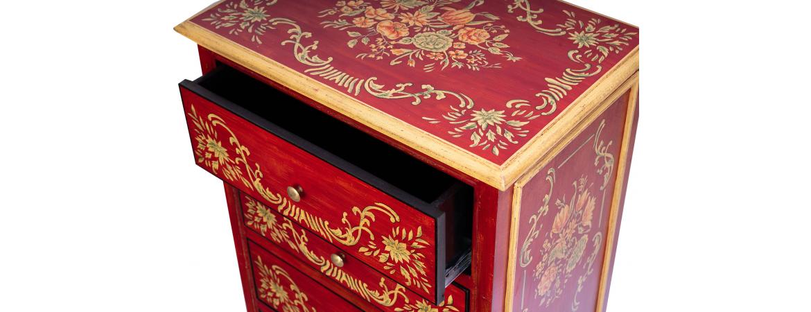 Red Floral Design 5 Drawer Cabinet