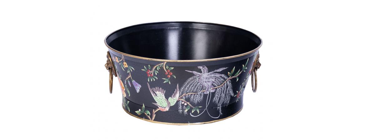 Black Lyre Bird Design Round Bowl with Handles