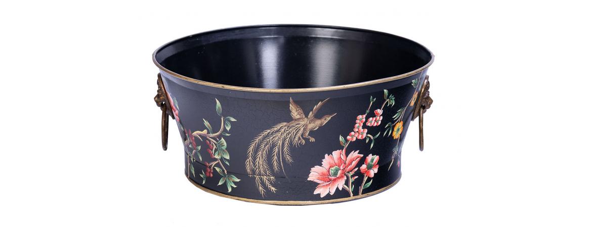 Black Lyre Bird Design Round Bowl with Handles