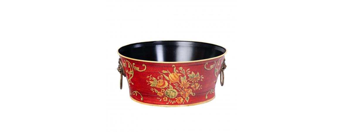 Red Floral Design Round Bowl with Handles