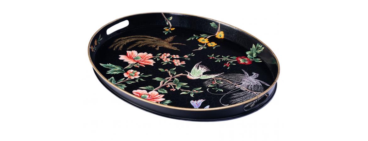 Black Lyre Bird Design Oval Tray with Handles