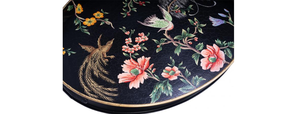 Black Lyre Bird Design Oval Tray with Handles