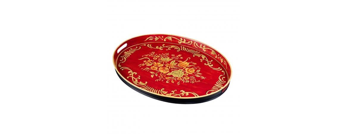 Red Floral Design Oval Tray with Handles