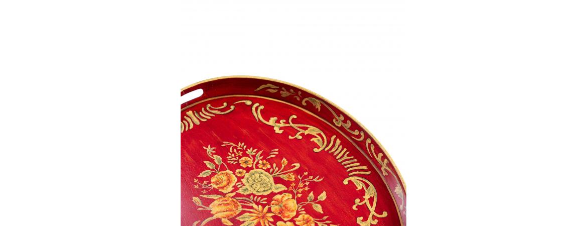 Red Floral Design Oval Tray with Handles