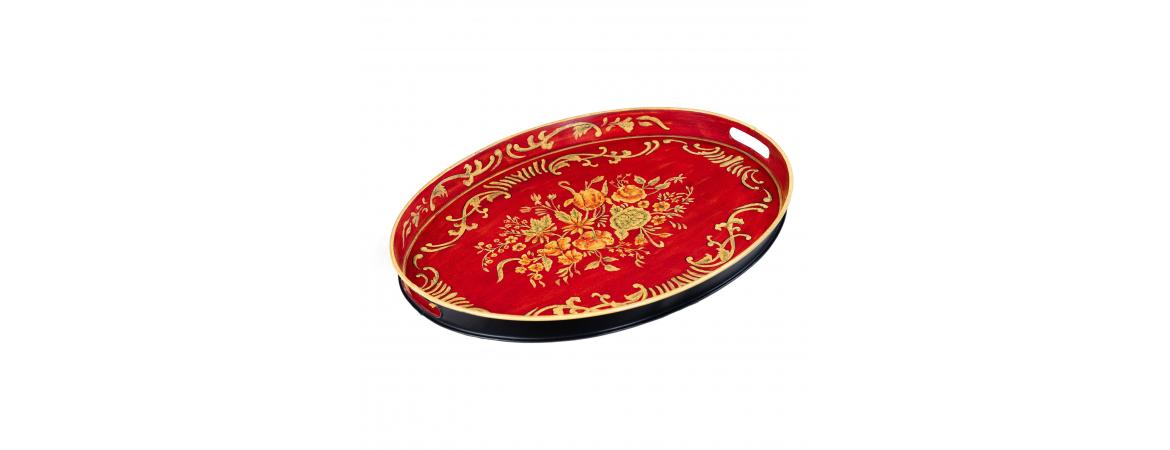 Red Floral Design Oval Tray with Handles