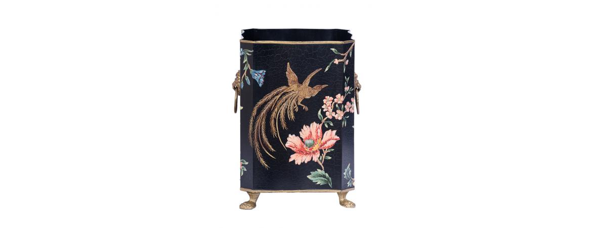 Black Lyre Bird Design Bin with Handles and Feet