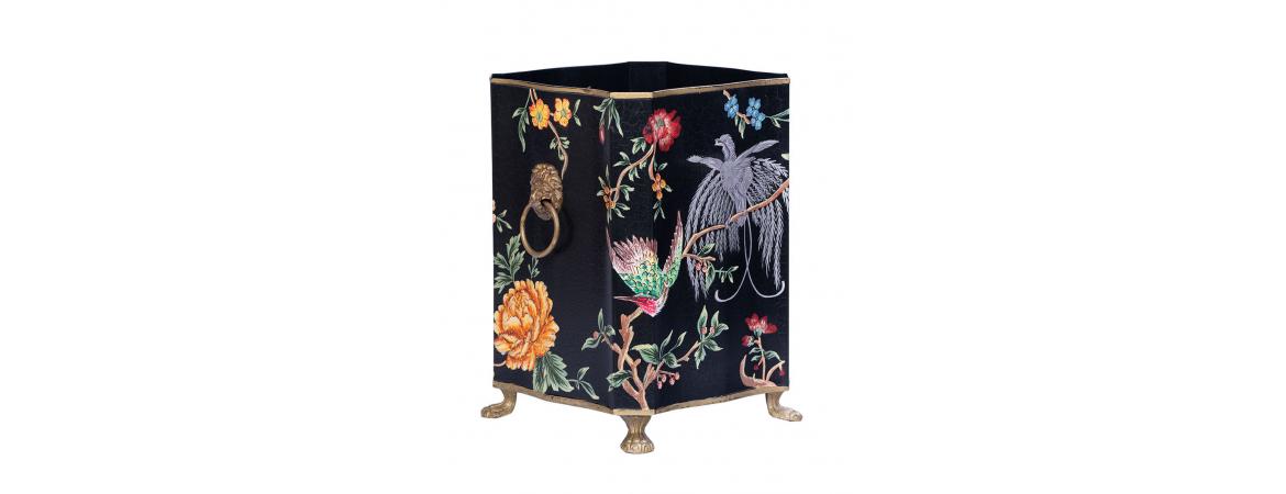 Black Lyre Bird Design Bin with Handles and Feet