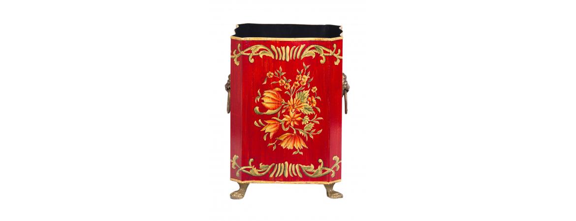 Red Floral Design Bin with Handles and Feet