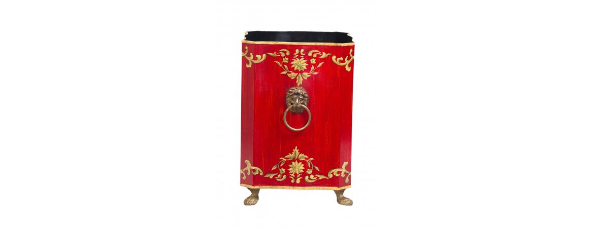 Red Floral Design Bin with Handles and Feet