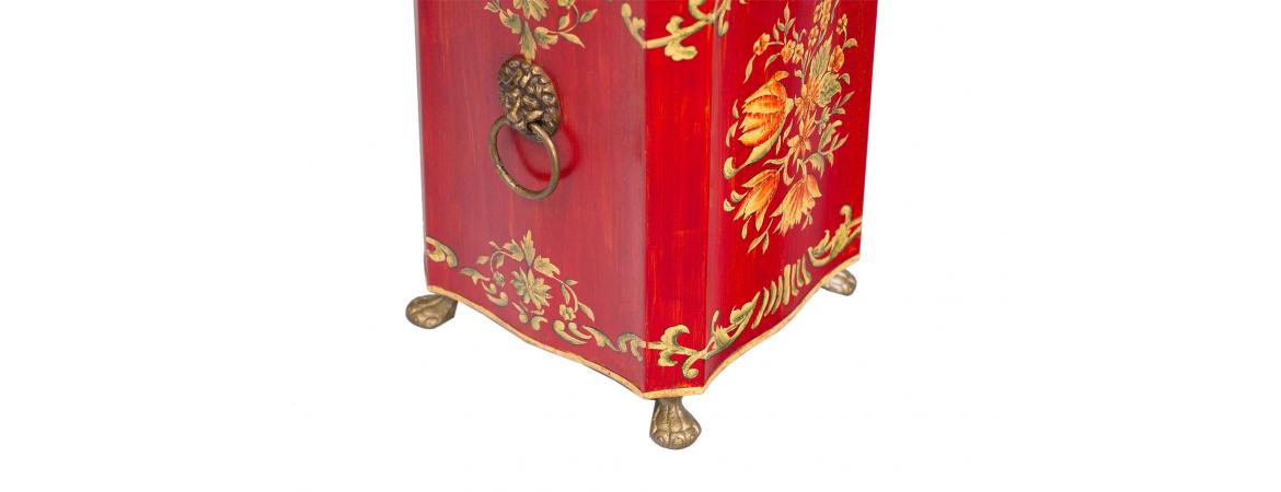 Red Floral Design Bin with Handles and Feet