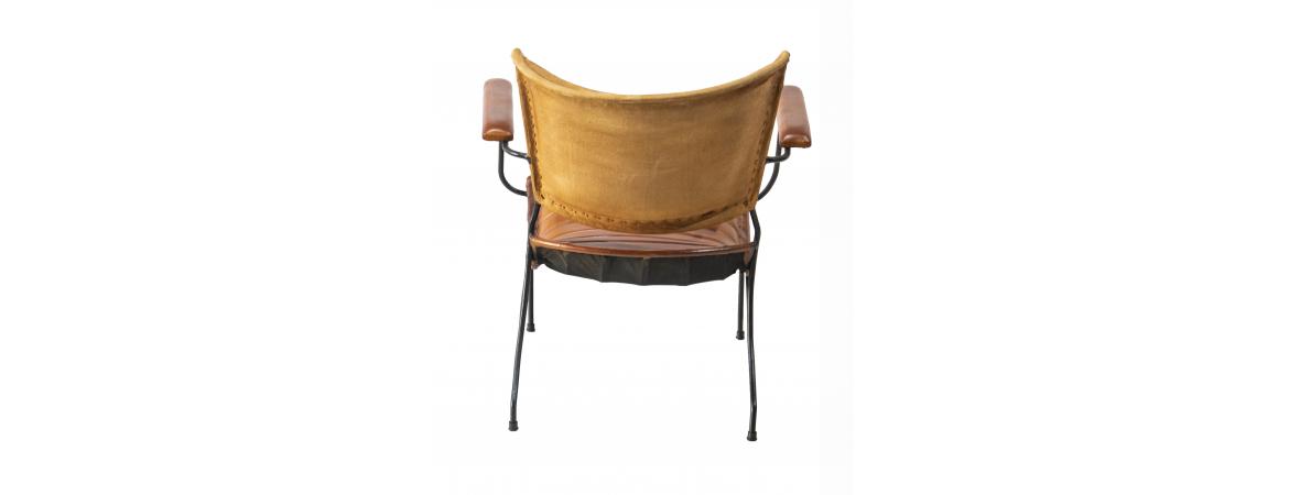 Metal Frame Chair with Padded Brown Seat & Armrest