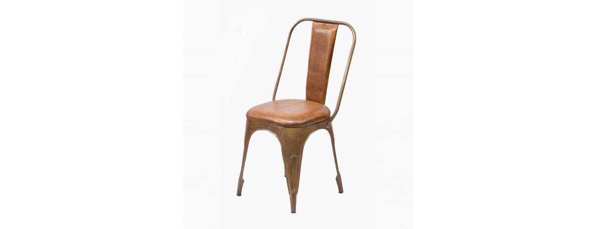 Industrial Metal Chair with Padded Brown Leather Seat