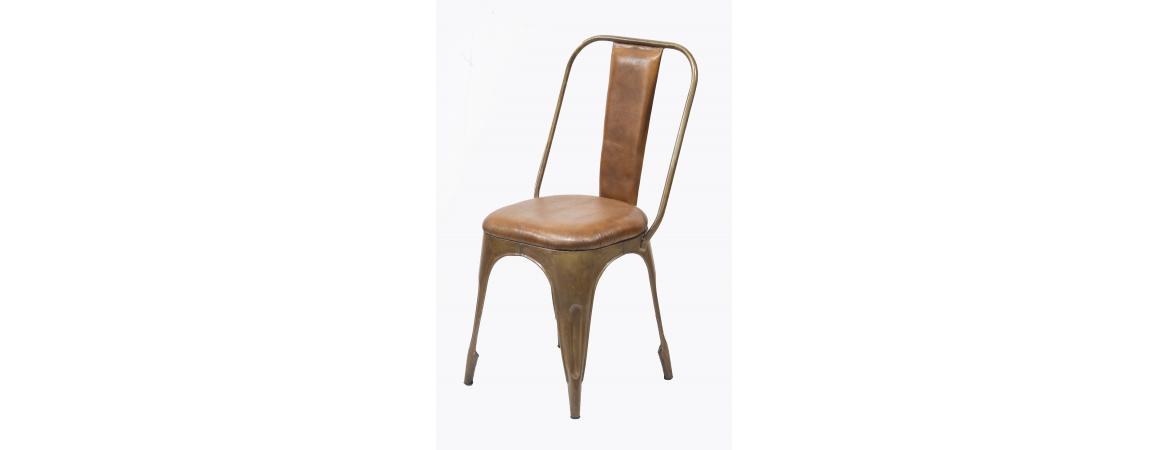 Industrial Metal Chair with Padded Brown Leather Seat