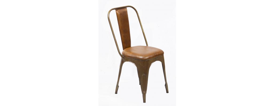 Industrial Metal Chair with Padded Brown Leather Seat