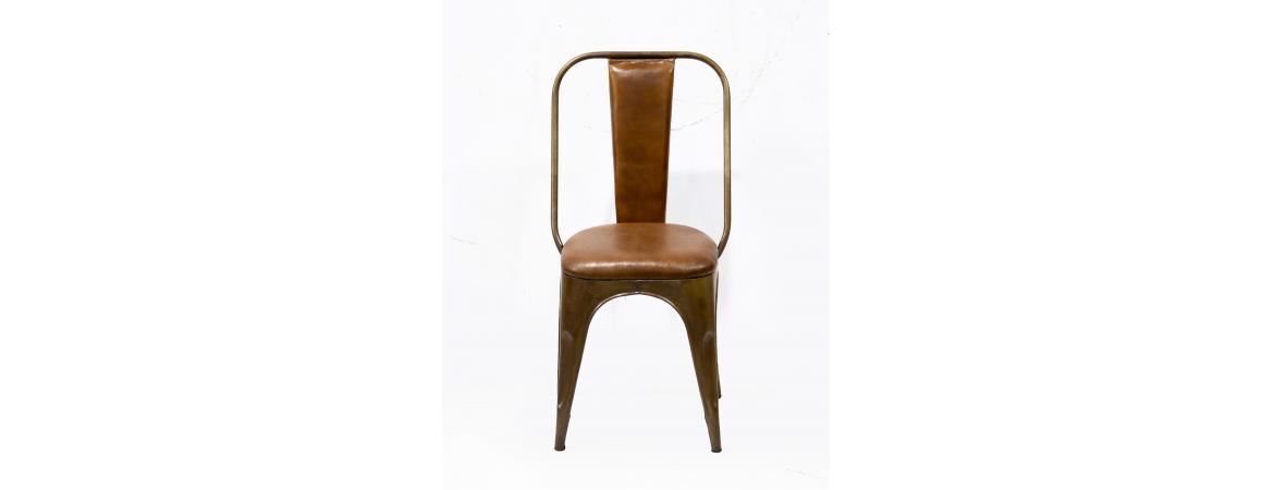 Industrial Metal Chair with Padded Brown Leather Seat